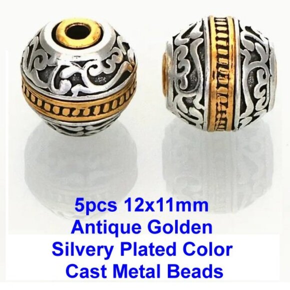 5pcs 12x11mm Antique Golden Silvery Plated Color Cast Metal Striped Round Beads - Picture 1 of 3